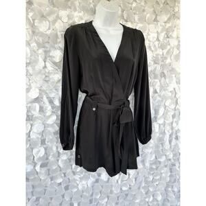 Yumi Kim 100% Silk Small Black Long Sleeve Romper V Neck Belted Low Cut